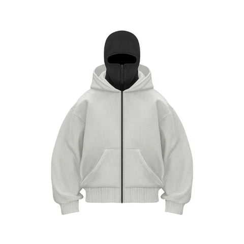 Light gray hooded sweatshirt with ribbed cuffs and front pocket in various sizes