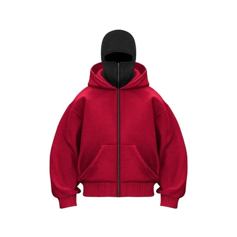 Red hooded sweatshirt with front pocket, available in various sizes and colors