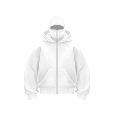 White zip-up hooded sweatshirt with front pocket available in various sizes and colors