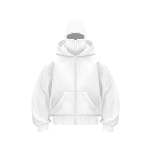 White hooded sweatshirt with front pocket, available in various sizes and colors