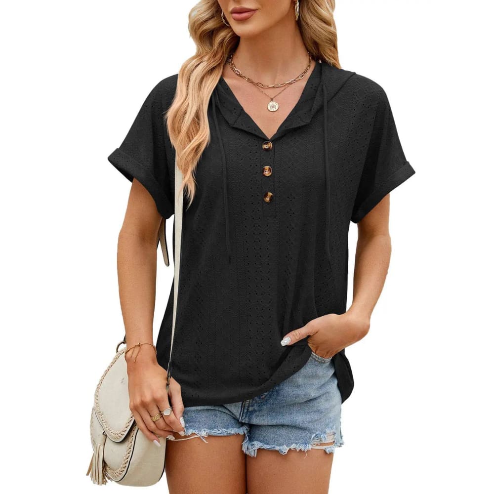 Hooded T-Shirt - Trendy Button-Up Design for Men & Women - Black / L