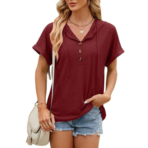 Hooded T-Shirt - Trendy Button-Up Design for Men & Women - Wine Red / L