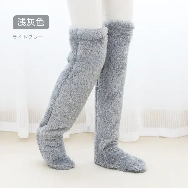 Hot Fluffy Thigh-High Socks – Fuzzy Over-Knee Leggings & Slippers Cozy Teddy Hairy Stockings - Light Gray / One Size