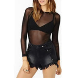Hot New Spring Summer Womens Long Sleeve Sexy Black Mesh Top T Shirts Transparent Punk Club Streetwear Tees Beach Tops
