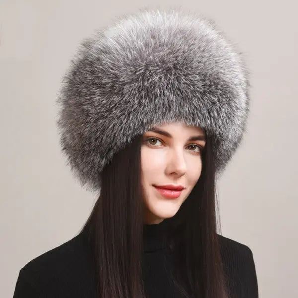 Women’s Real Natural Fox Fur Hat Warm Outdoor Winter Beanie - silver blue