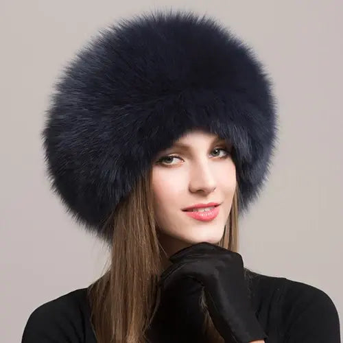 Women’s Real Natural Fox Fur Hat Warm Outdoor Winter Beanie - dark blue