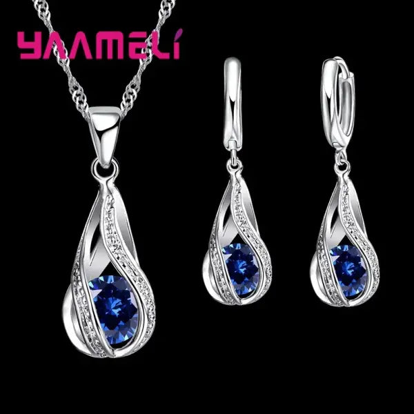 Hot Water Drop CZ 925 Sterling Silver Plated Jewelry Set For Women Pendant Necklace Hoop Earrings Wedding Party
