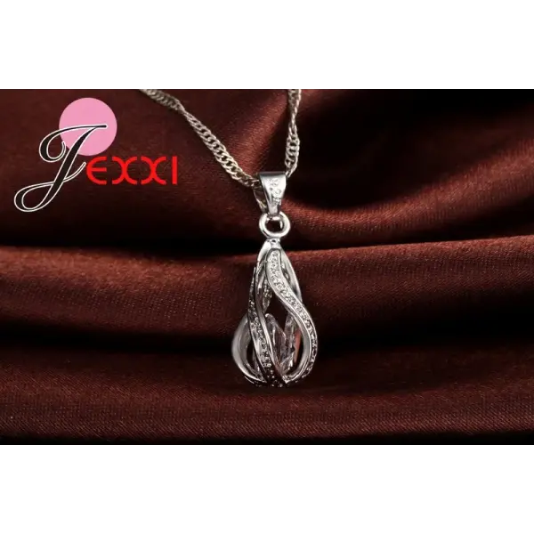 Hot Water Drop CZ 925 Sterling Silver Plated Jewelry Set For Women Pendant Necklace Hoop Earrings Wedding Party