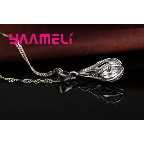 Hot Water Drop CZ 925 Sterling Silver Plated Jewelry Set For Women Pendant Necklace Hoop Earrings Wedding Party