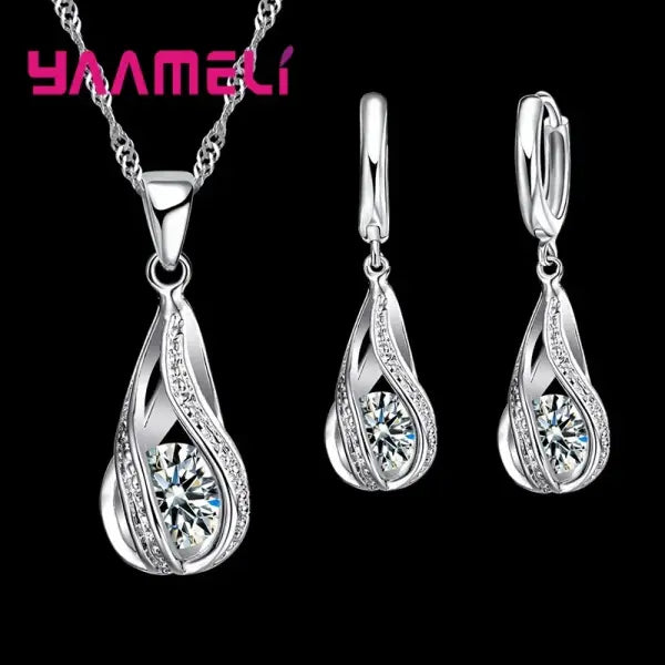 Hot Water Drop CZ 925 Sterling Silver Plated Jewelry Set For Women Pendant Necklace Hoop Earrings Wedding Party