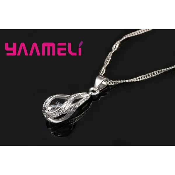 Hot Water Drop CZ 925 Sterling Silver Plated Jewelry Set For Women Pendant Necklace Hoop Earrings Wedding Party