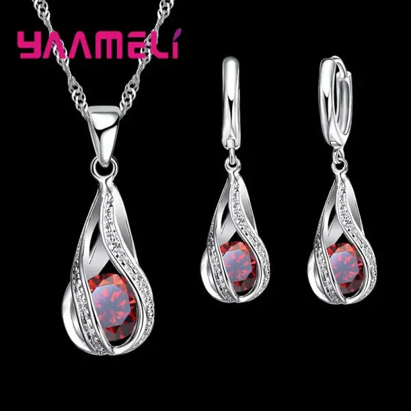 Hot Water Drop CZ 925 Sterling Silver Plated Jewelry Set For Women Pendant Necklace Hoop Earrings Wedding Party