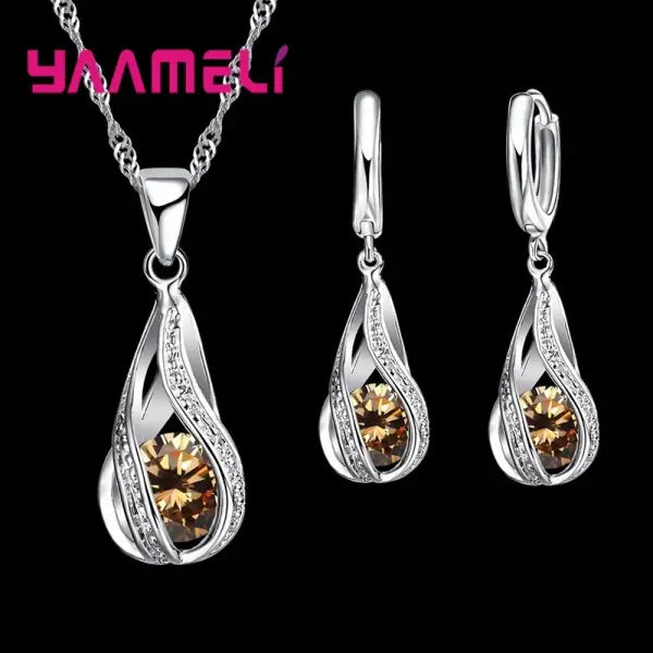 Hot Water Drop CZ 925 Sterling Silver Plated Jewelry Set For Women Pendant Necklace Hoop Earrings Wedding Party