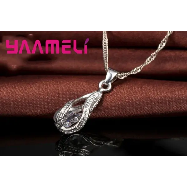 Hot Water Drop CZ 925 Sterling Silver Plated Jewelry Set For Women Pendant Necklace Hoop Earrings Wedding Party