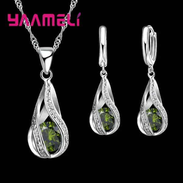 Hot Water Drop CZ 925 Sterling Silver Plated Jewelry Set For Women Pendant Necklace Hoop Earrings Wedding Party