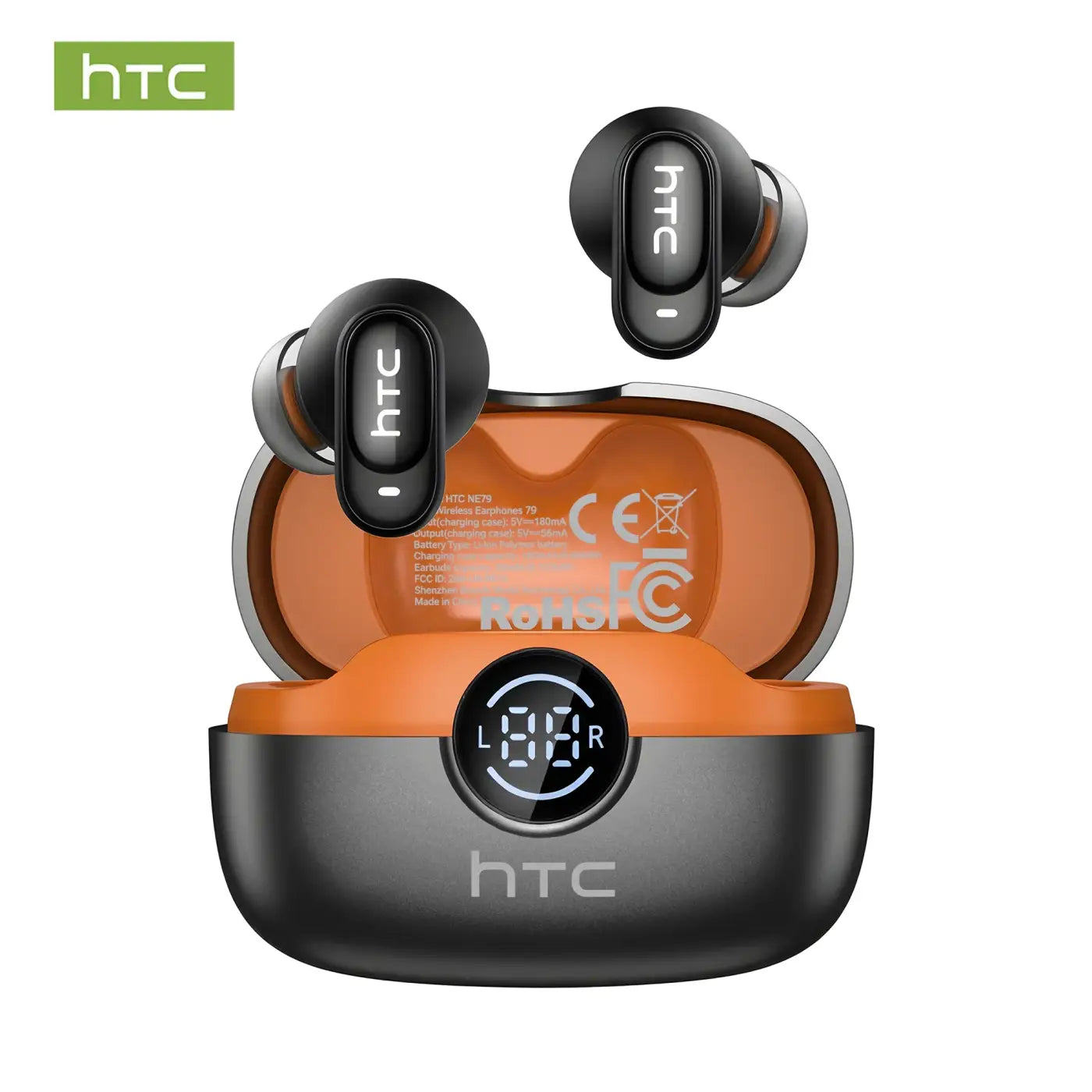 HTC NE79 TWS Bluetooth Earbuds with ENC Noise Cancellation for AI Translation - Black orange