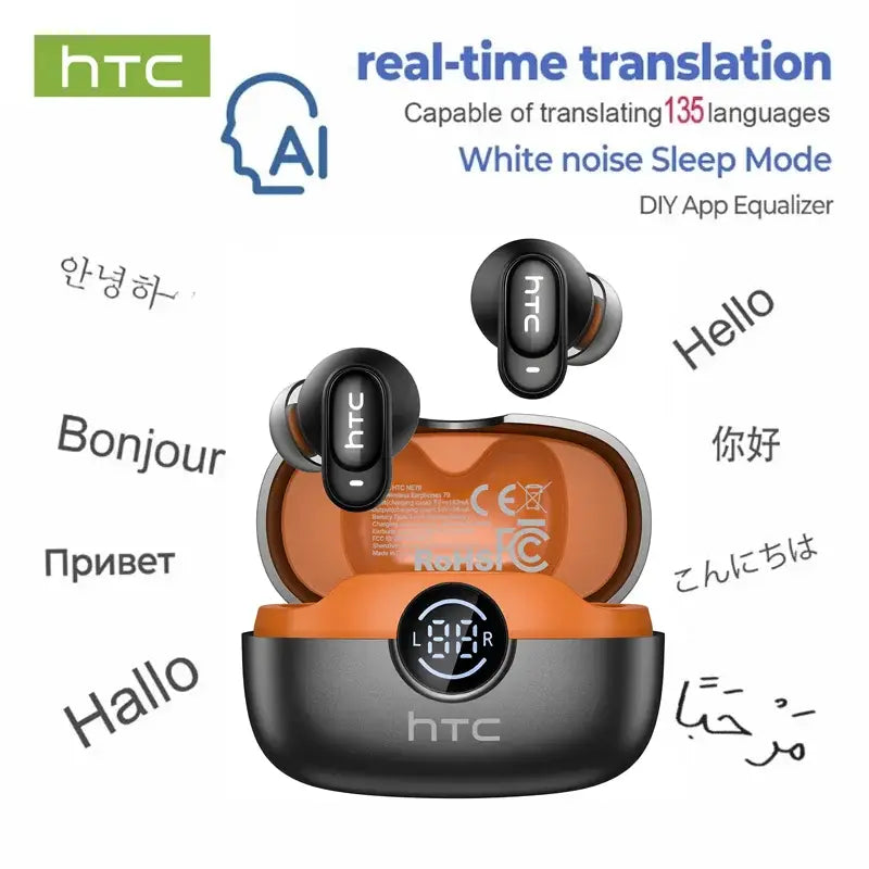 HTC NE79 TWS Bluetooth Earbuds with ENC Noise Cancellation for AI Translation - Black orange AI