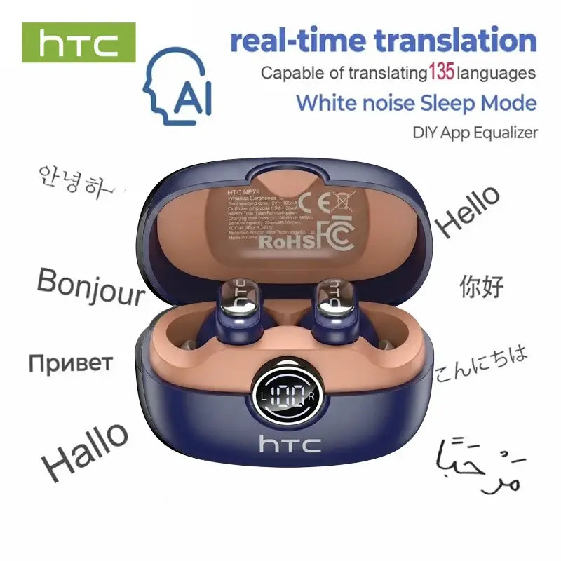 HTC NE79 TWS Bluetooth Earbuds with ENC Noise Cancellation for AI Translation - Blue orange AI