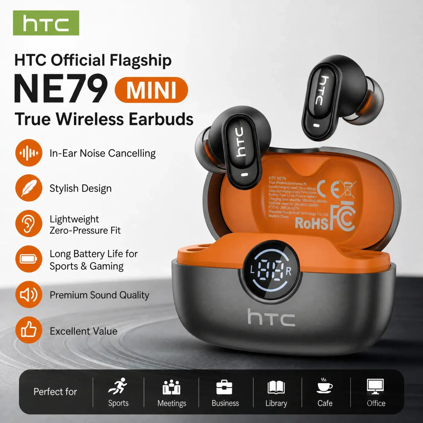 HTC NE79 TWS Bluetooth Earbuds with ENC Noise Cancellation for AI Translation