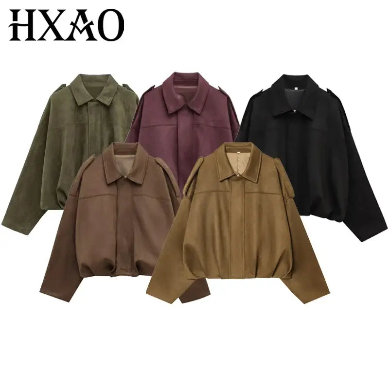 HXAO Suede Cropped Oversized Batwing Sleeves Street Style Jacket