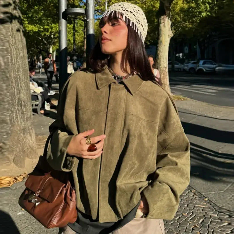 HXAO Suede Cropped Oversized Batwing Sleeves Street Style Jacket