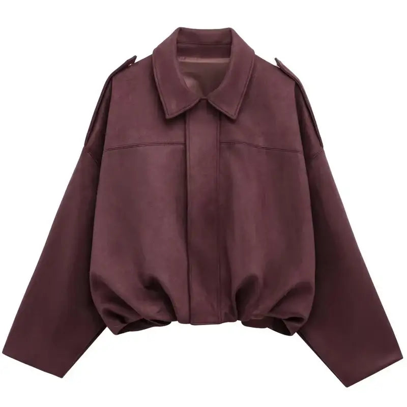 HXAO Suede Cropped Oversized Batwing Sleeves Street Style Jacket - L / Burgundy