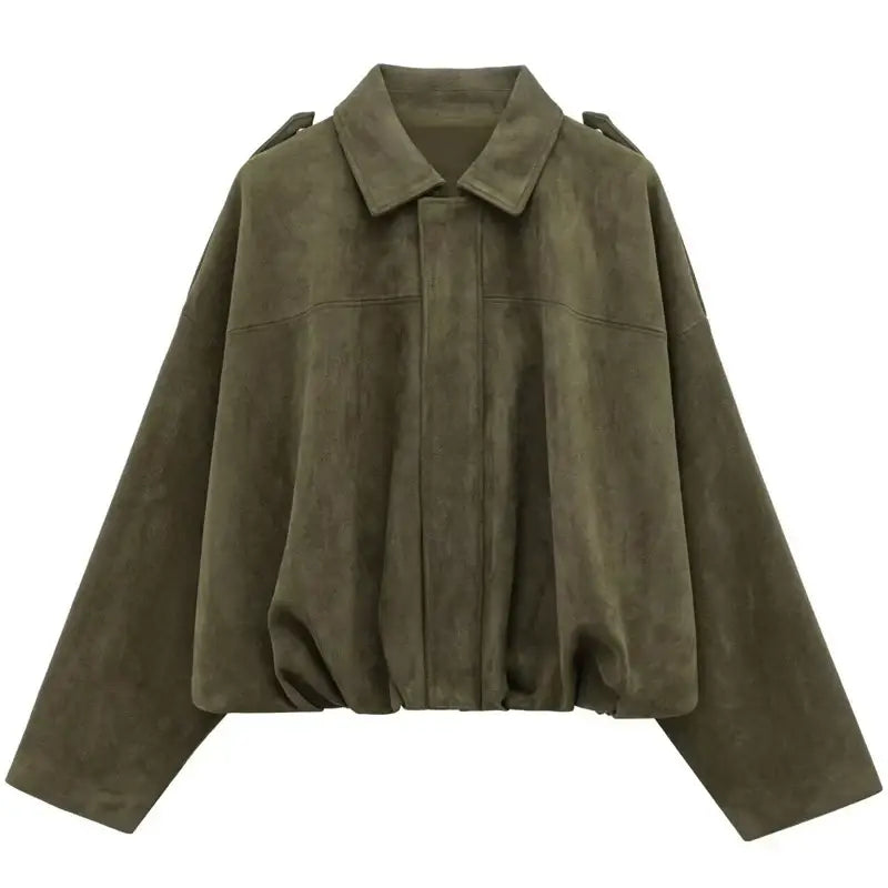 HXAO Suede Cropped Oversized Batwing Sleeves Street Style Jacket - L / army green