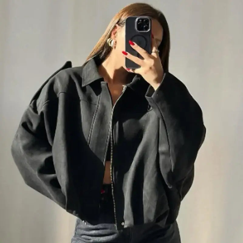 HXAO Suede Cropped Oversized Batwing Sleeves Street Style Jacket