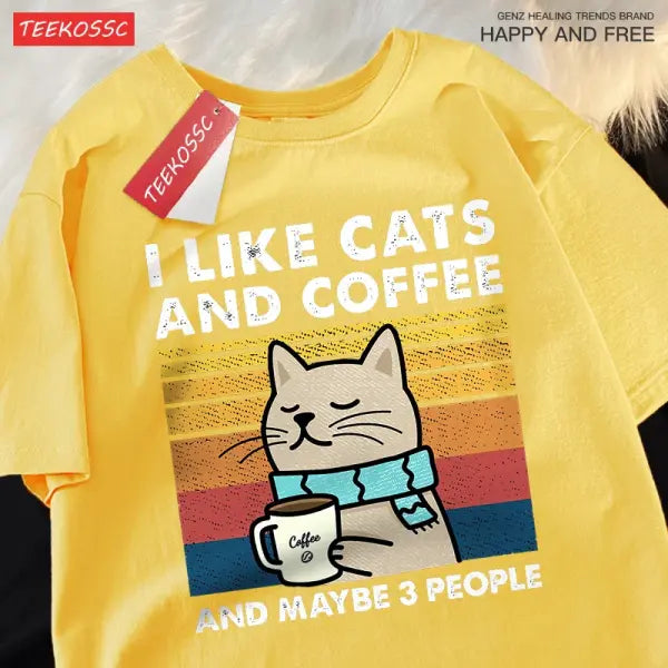I Like Cats And Coffee Men Women T-Shirt Cotton Tee Clothes Hip Hop Loose Tshirt Fashion Crewneck T-Shirt Streetwear