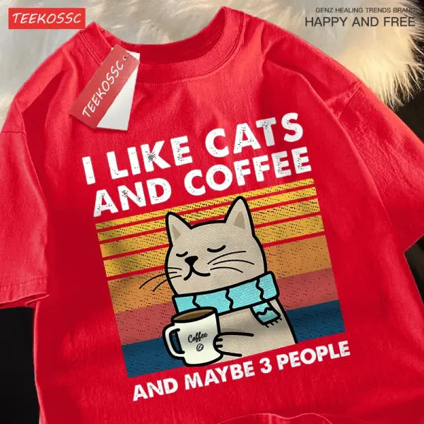 I Like Cats And Coffee Men Women T-Shirt Cotton Tee Clothes Hip Hop Loose Tshirt Fashion Crewneck T-Shirt Streetwear