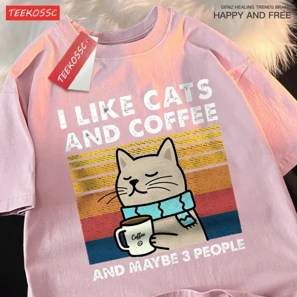 I Like Cats And Coffee Men Women T-Shirt Cotton Tee Clothes Hip Hop Loose Tshirt Fashion Crewneck T-Shirt Streetwear