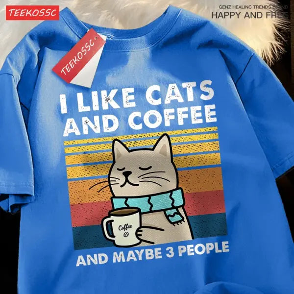 I Like Cats And Coffee Men Women T-Shirt Cotton Tee Clothes Hip Hop Loose Tshirt Fashion Crewneck T-Shirt Streetwear