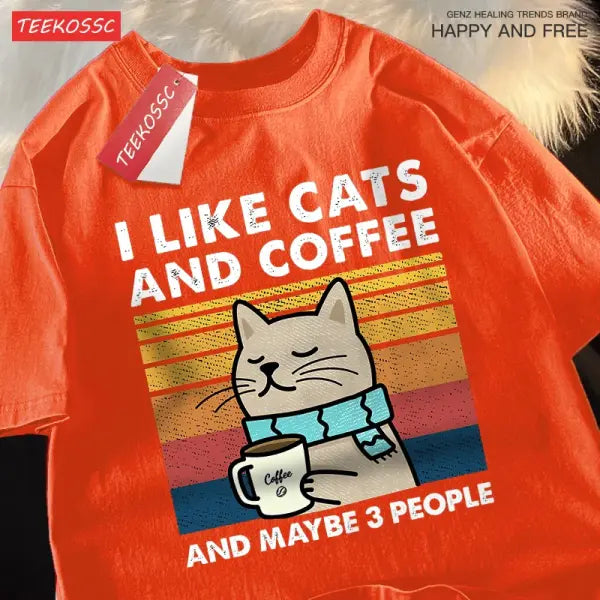 I Like Cats And Coffee Men Women T-Shirt Cotton Tee Clothes Hip Hop Loose Tshirt Fashion Crewneck T-Shirt Streetwear