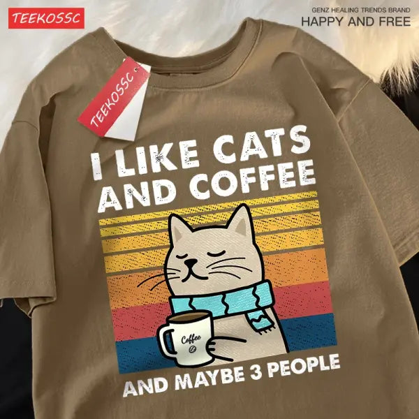 I Like Cats And Coffee Men Women T-Shirt Cotton Tee Clothes Hip Hop Loose Tshirt Fashion Crewneck T-Shirt Streetwear