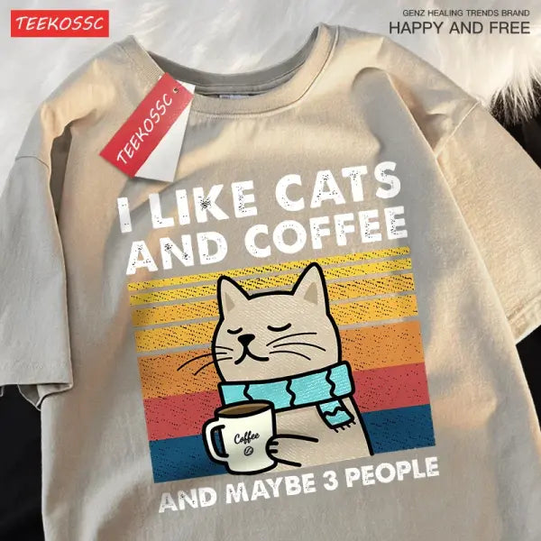 I Like Cats And Coffee Men Women T-Shirt Cotton Tee Clothes Hip Hop Loose Tshirt Fashion Crewneck T-Shirt Streetwear