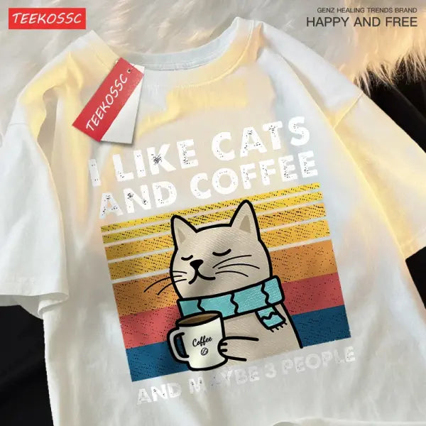 I Like Cats And Coffee Men Women T-Shirt Cotton Tee Clothes Hip Hop Loose Tshirt Fashion Crewneck T-Shirt Streetwear