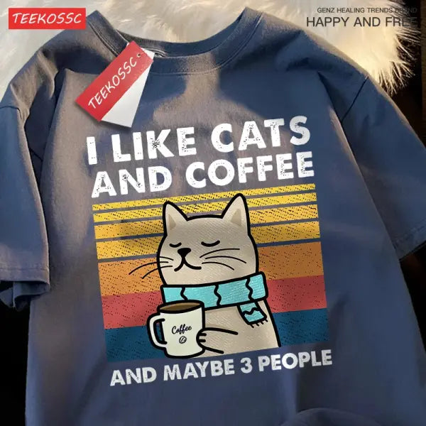 I Like Cats And Coffee Men Women T-Shirt Cotton Tee Clothes Hip Hop Loose Tshirt Fashion Crewneck T-Shirt Streetwear