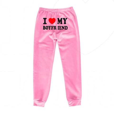 I Love MY BOYFRIEND Printed Trousers Casual Sweatpants Men And Women Sports Pants - Pink and black letters / 3XL