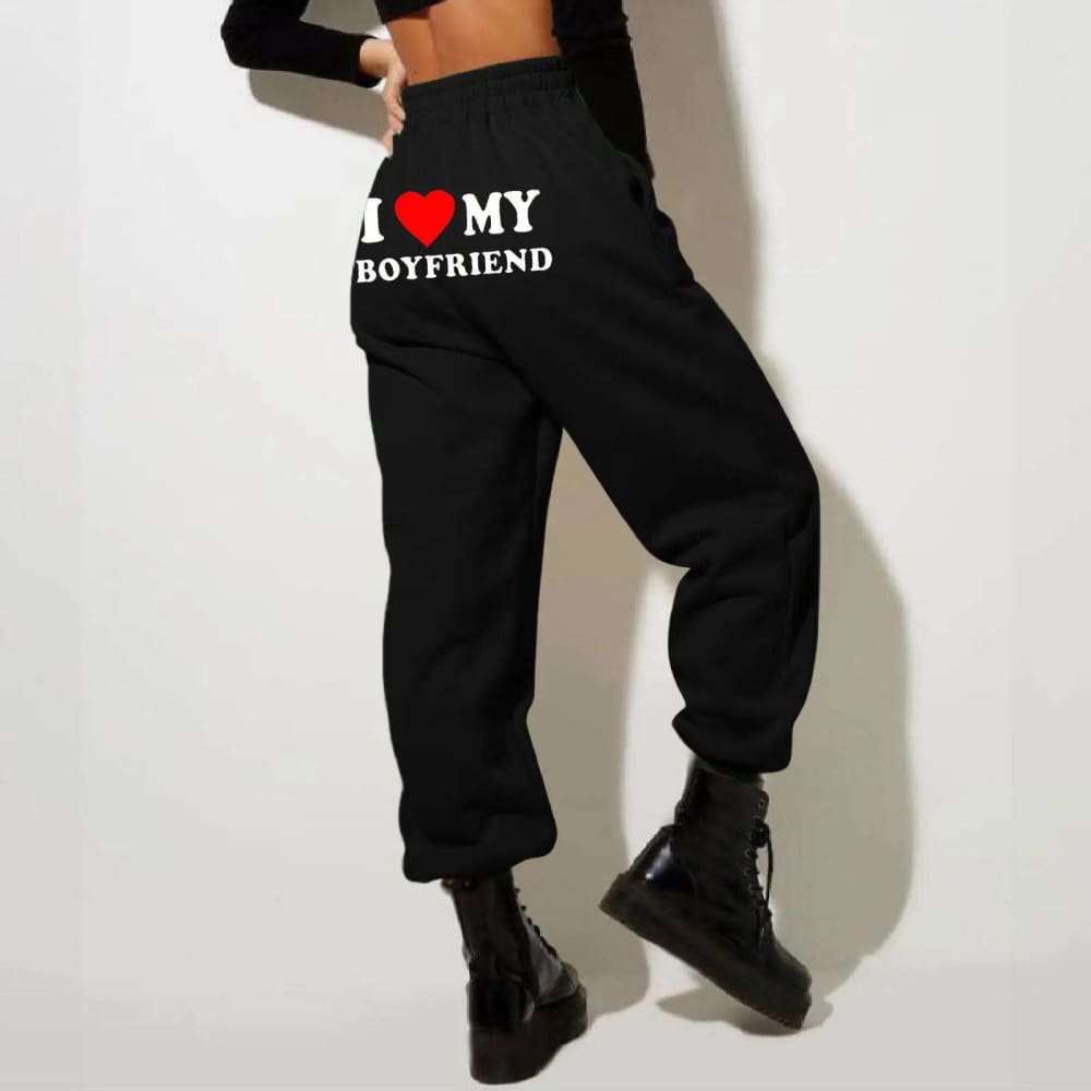 I Love MY BOYFRIEND Printed Trousers Casual Sweatpants Men And Women Sports Pants - Black Back Picture / 3XL