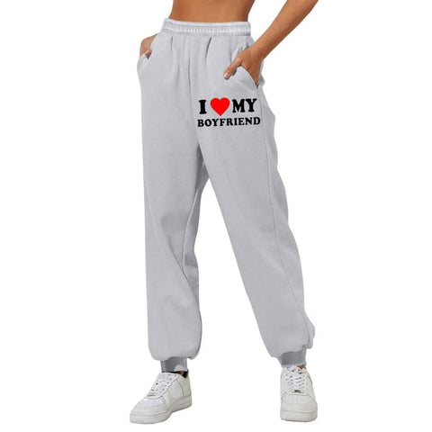 I Love MY BOYFRIEND Printed Trousers Casual Sweatpants Men And Women Sports Pants - Gray front print / 3XL