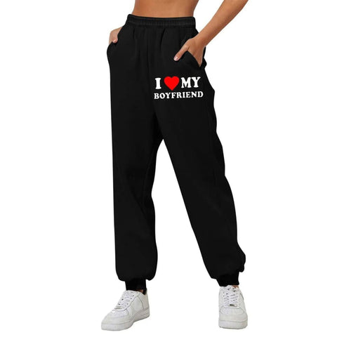 I Love MY BOYFRIEND Printed Trousers Casual Sweatpants Men And Women Sports Pants - Black front print / 3XL