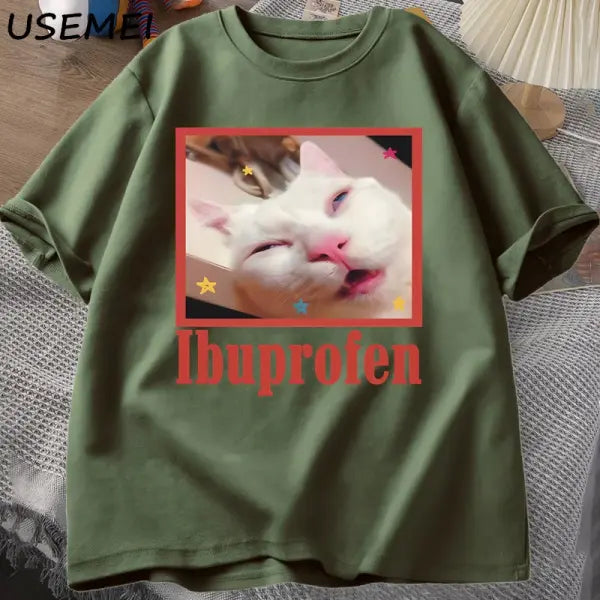 Ibuprofen Cat Meme Tshirt Funny Cat Graphic Tee Cute Cat Lover Cotton T-Shirt Casual Funny T Shirts Unisex Oversized