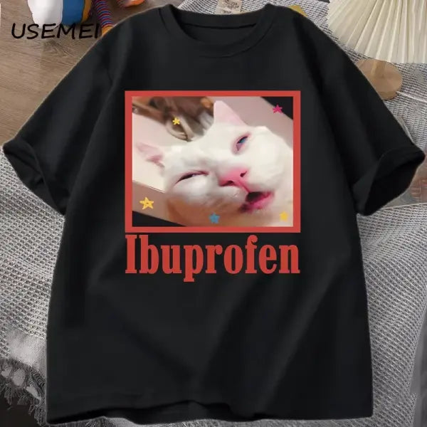 Ibuprofen Cat Meme Tshirt Funny Cat Graphic Tee Cute Cat Lover Cotton T-Shirt Casual Funny T Shirts Unisex Oversized