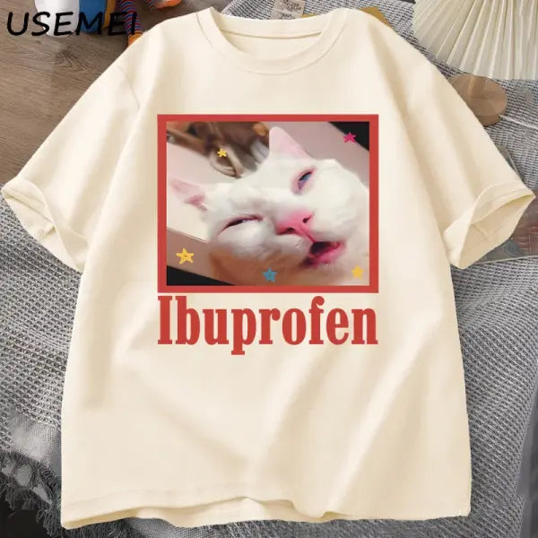 Ibuprofen Cat Meme Tshirt Funny Cat Graphic Tee Cute Cat Lover Cotton T-Shirt Casual Funny T Shirts Unisex Oversized