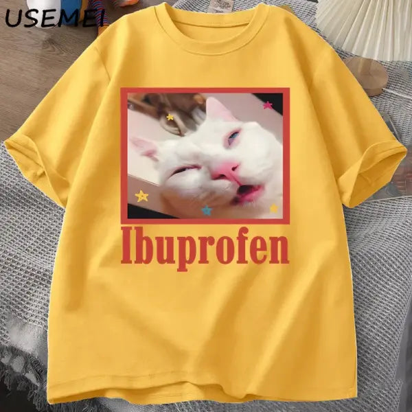 Ibuprofen Cat Meme Tshirt Funny Cat Graphic Tee Cute Cat Lover Cotton T-Shirt Casual Funny T Shirts Unisex Oversized