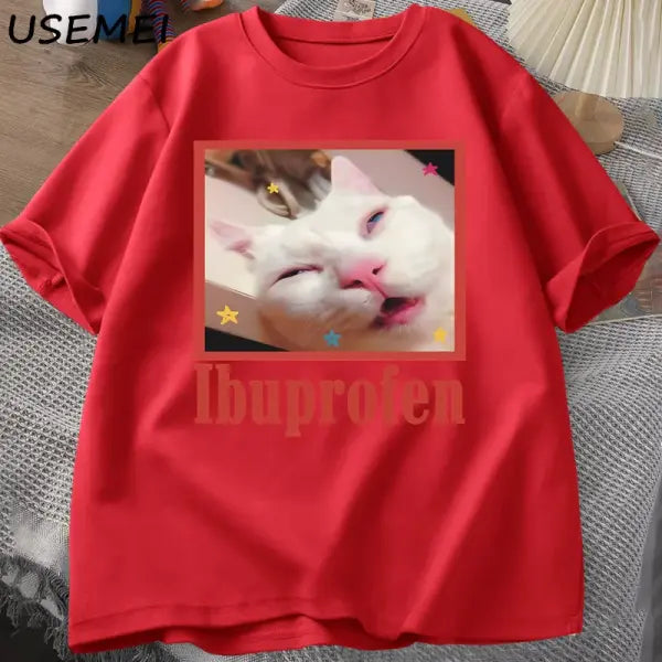 Ibuprofen Cat Meme Tshirt Funny Cat Graphic Tee Cute Cat Lover Cotton T-Shirt Casual Funny T Shirts Unisex Oversized