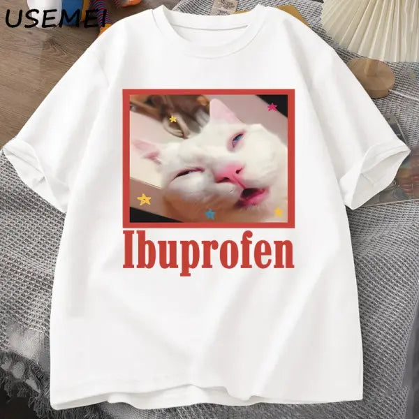 Ibuprofen Cat Meme Tshirt Funny Cat Graphic Tee Cute Cat Lover Cotton T-Shirt Casual Funny T Shirts Unisex Oversized