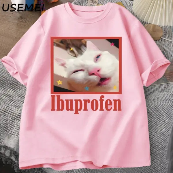 Ibuprofen Cat Meme Tshirt Funny Cat Graphic Tee Cute Cat Lover Cotton T-Shirt Casual Funny T Shirts Unisex Oversized