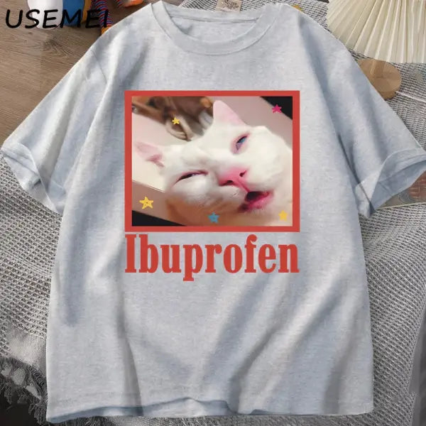 Ibuprofen Cat Meme Tshirt Funny Cat Graphic Tee Cute Cat Lover Cotton T-Shirt Casual Funny T Shirts Unisex Oversized