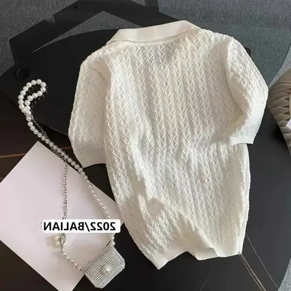Ice Silk Polo Shirt Knitted Short Sleeve T-Shirt Summer Chic Thin Unique Jacquard Women Tops 2025 Korean Style Women’s